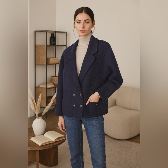 Geiger of Austria Boiled Wool Puff Sleeve Blazer Coat Navy Size 42 Vintage